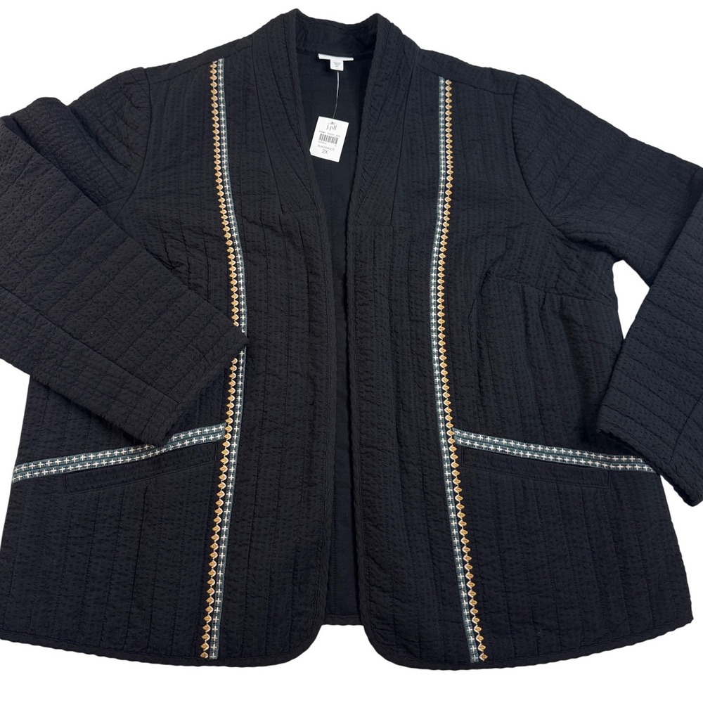 J.Jill Pure Jill Element Seersucker Quilted Embroidered Jacket Black 2X NEW Boho